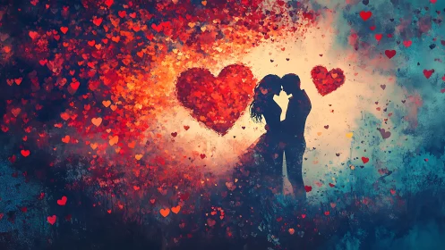Silhouetted Couple Embracing Amid Volumetric Red Heart Particle Effects