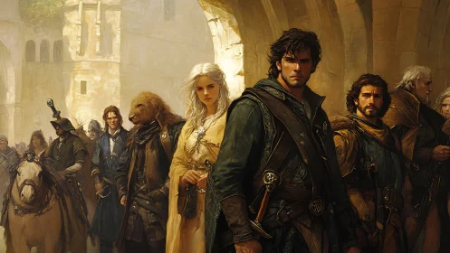 Fantasy adventurers stand united in a sunlit stone passage