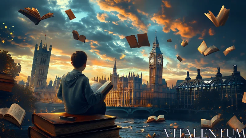 Boy reading on books as pages float over London skyline.