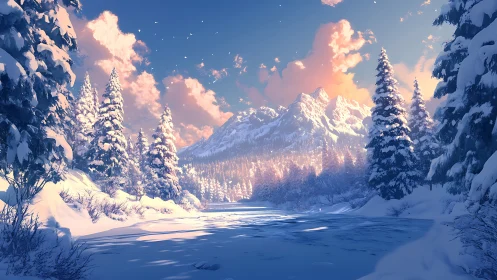 Snowy pine valley glows beneath pastel sunrise skies