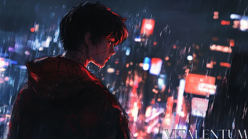 Solitary hooded figure in rain over illuminated cityscape.