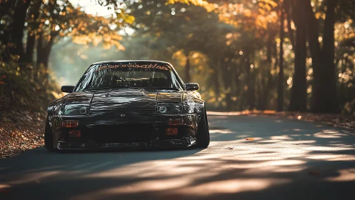 Sunlit forest road meets low-slung classic drift car.