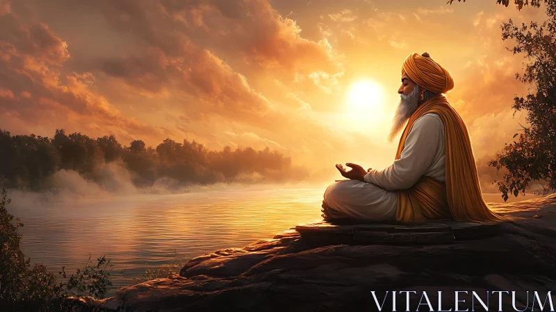 Sunlit Sikh sage meditates riverside in high-detail digital painting
