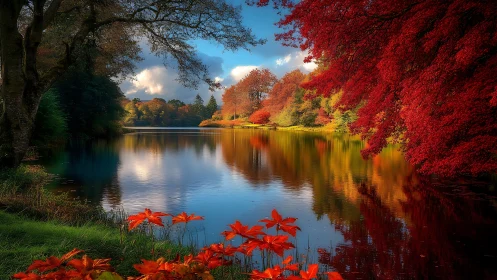 Lakeside autumn glow with vivid trees and gentle reflections.