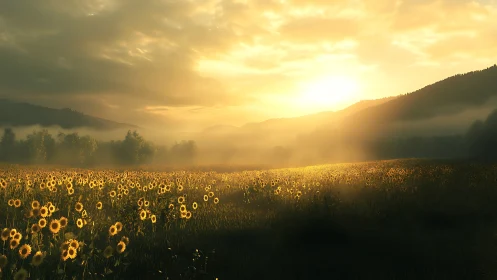 Low-angle sunrise illuminates dense sunflower field with atmospheric haze