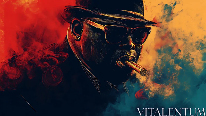 Portrait of man with cigar in stylized colored smoke.