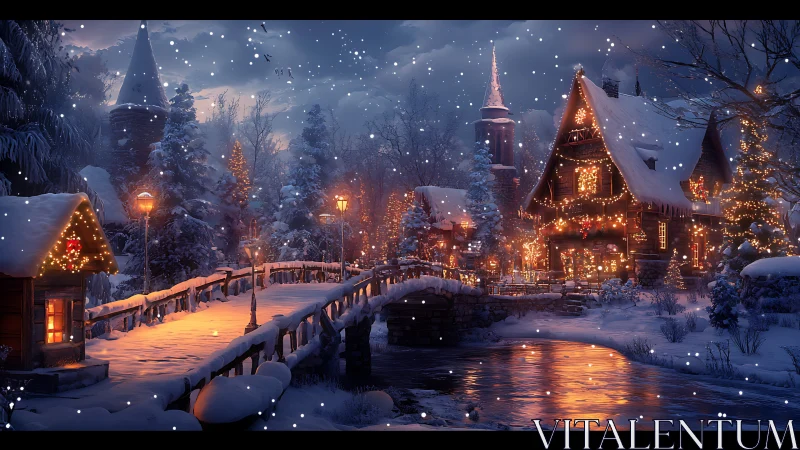 Snowlit village bridge glows like a lantern in winter hush