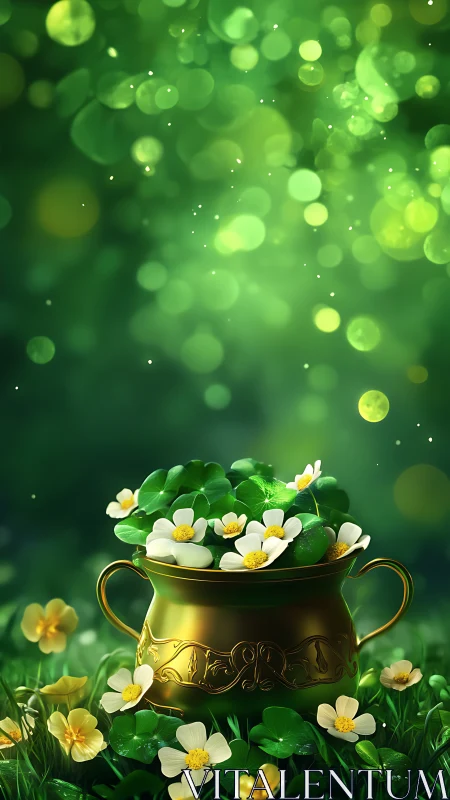 Golden pot of clovers and blooms in glowing green light.
