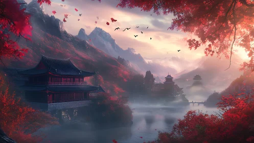 Crimson valley temples rise above misty river at sunrise