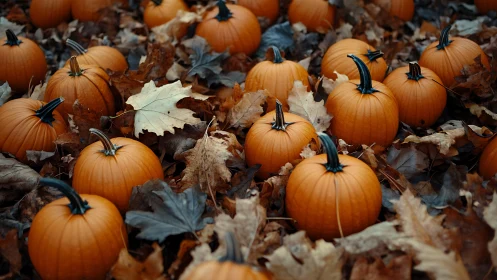 Orange pumpkins rest among dry fallen leaves outdoors