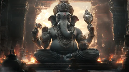 Majestic Ganesha idol in ornate temple with cinematic backlight
