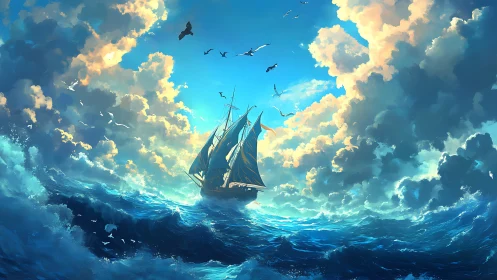 Sunlit clipper navigates turbulent ocean under towering clouds