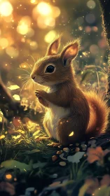 Golden forest glow around a daydreaming little squirrel.