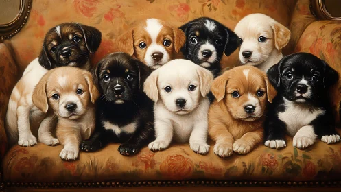 Row of small puppies resting closely on vintage floral sofa