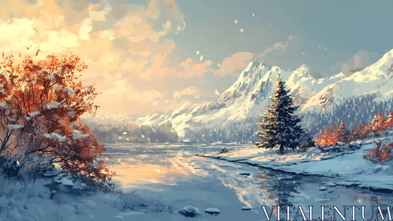 Sunlit winter lake reflects snow peaks and glowing foliage