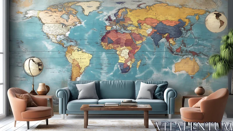 Mid-century living room staged against oversized vintage world map