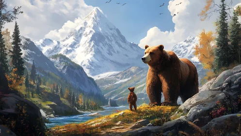 Bear family exploring a bright, peaceful mountain valley.