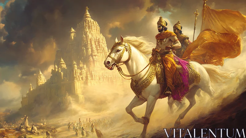 Digital painting of epic temple cavalcade in golden stormlight.