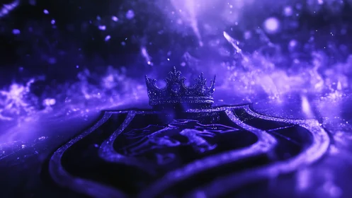 Regal crown rests over glowing violet royal crest emblem