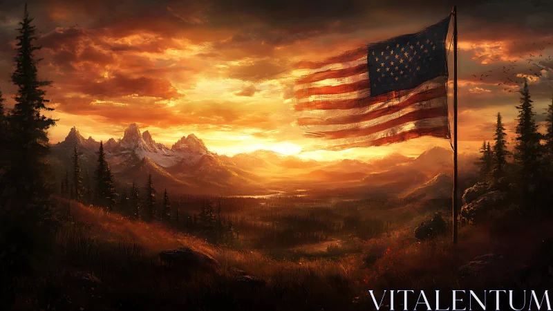 Sunlit American flag waving over peaceful mountain valley.