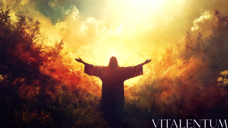 Silhouetted robed figure beneath intense radiant sky.