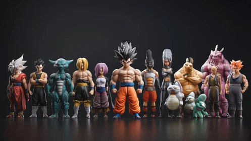 Lineup of stylized anime character figurines under studio keylight