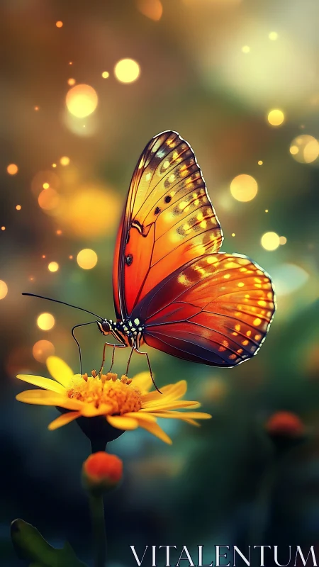 Orange butterfly on yellow flower in glowing bokeh garden.