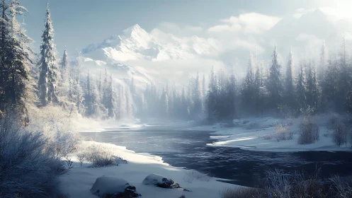 Snow laden conifer forest borders partially frozen river valley