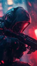 Cybernetic marksman in tactical hood under neon red bokeh
