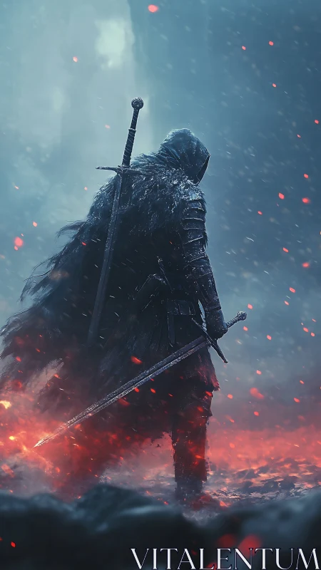 Hooded warrior stands over burning embers in frozen wasteland