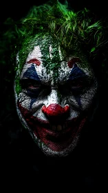 Sinister green-haired clown portrait in dark lighting.