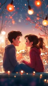 Two figures sharing a moment on a lit rooftop at dusk.