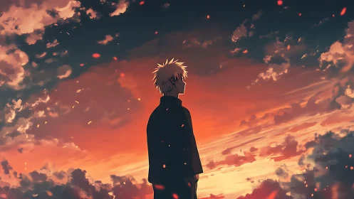 Solitary anime figure observes a luminous, painterly sunset sky