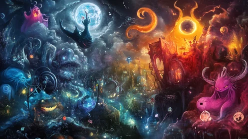 Bipolar celestial fantasy landscape with spectral creatures divide.