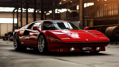 Scarlet sports car rests in quiet warehouse light, ready to run