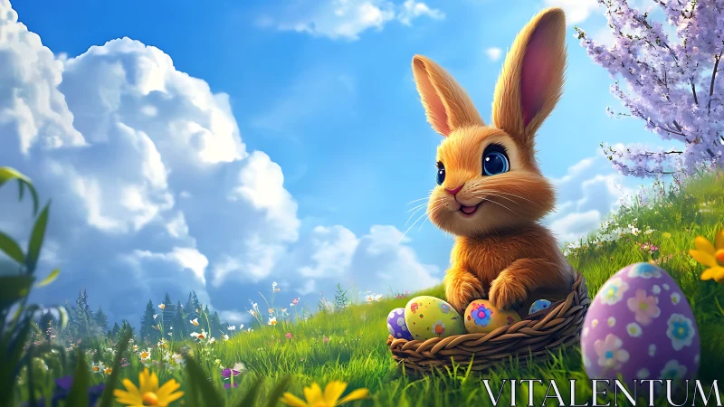 Stylized Easter rabbit rendered in HDR-like lighting on grassy hill