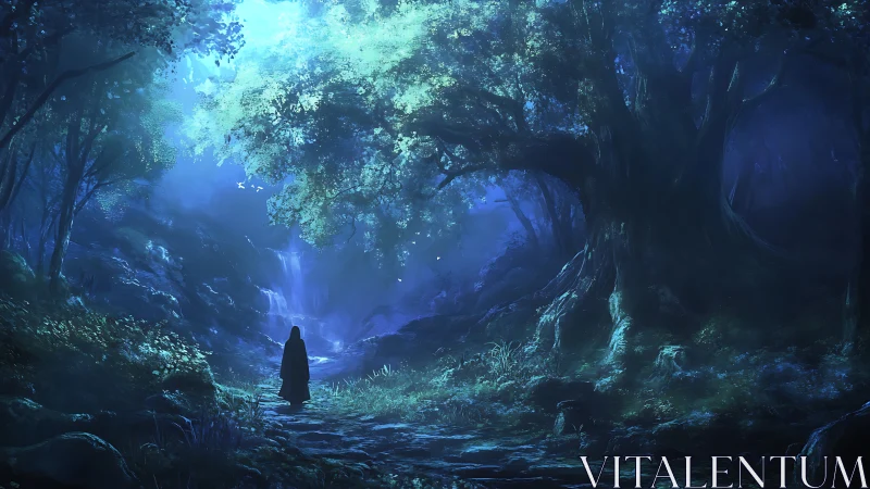 Mystic wanderer crosses a moonlit forest toward hidden falls.