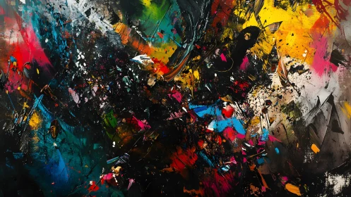 Dynamic abstract expressionist painting with vivid splashes of color.