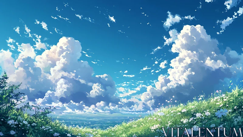 Sunlit wildflower hillside beneath towering summer clouds.