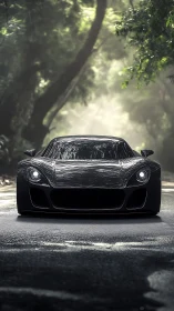 Predator-black supercar stalking a misty jungle road.