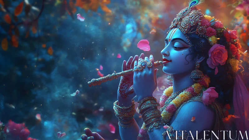 Divine blue musician rendered in luminous digital fantasy art