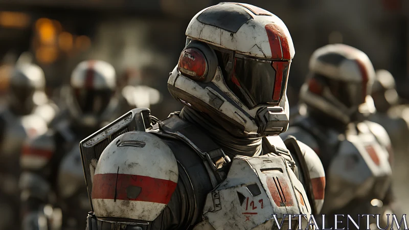 Armored sci fi soldiers advancing in worn tactical exosuits.