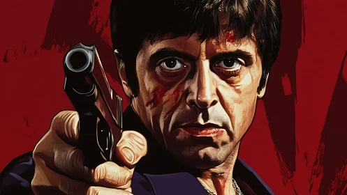 Digital portrait of armed man against red painted backdrop.