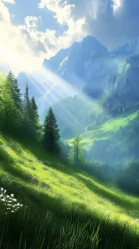 Sunlit alpine valley with mountains and green hillside.