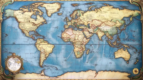 Vintage world map with ornate frame and muted oceans.