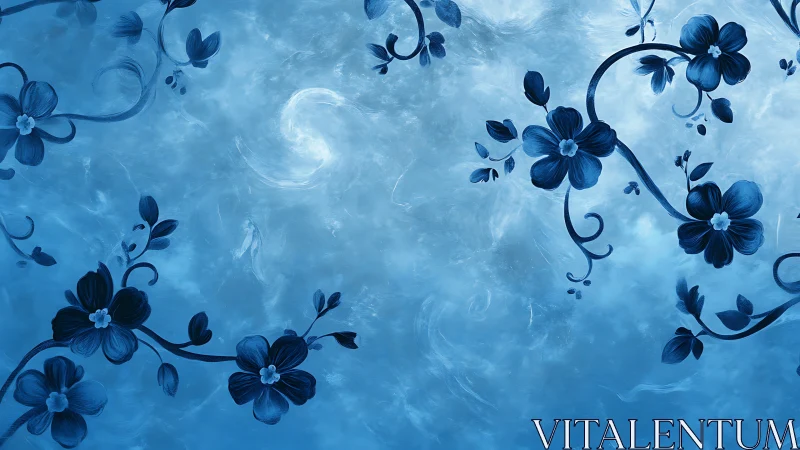Deep Blue Floral Vines Against Textured Sky.