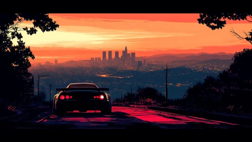Sunset street racer gazes over neon drenched city skyline.