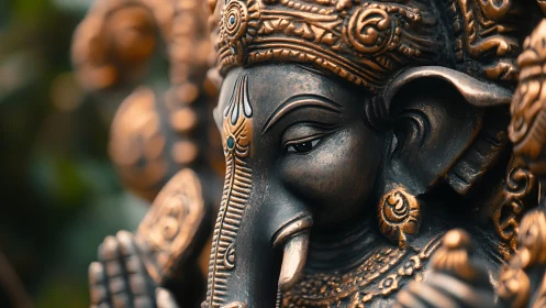 Close-up of ornate bronze Ganesha statue outdoors.