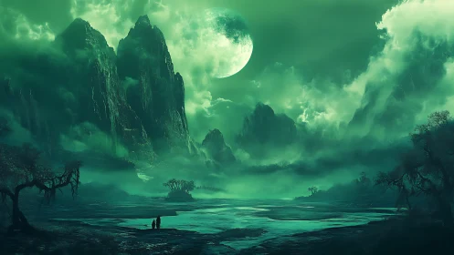 Emerald moonlit valley with towering mist-shrouded spires.
