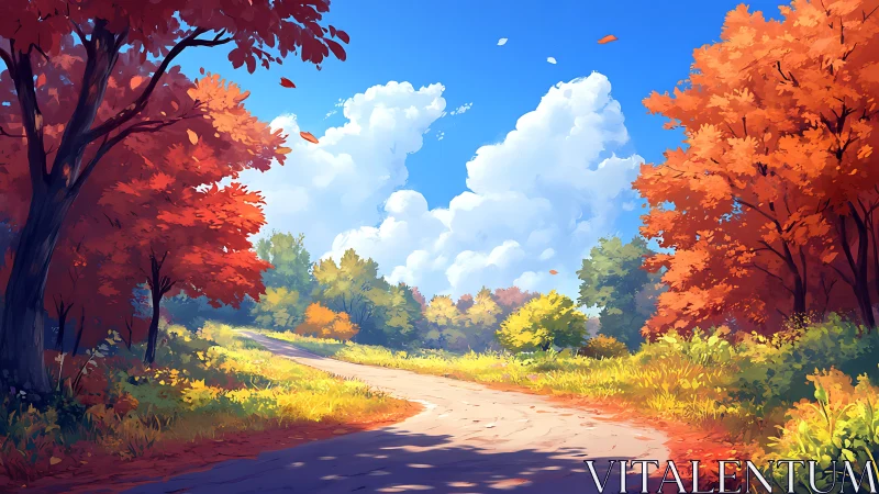 Autumn Landscape with Road Through Deciduous Forest